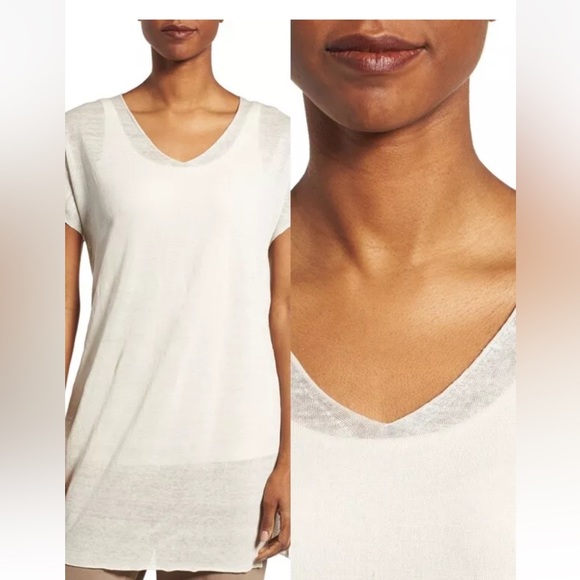 238.00 NWT Eileen Fisher Fine Organic Linen Crepe V-neck Tunic Bone - Picture 2 of 5